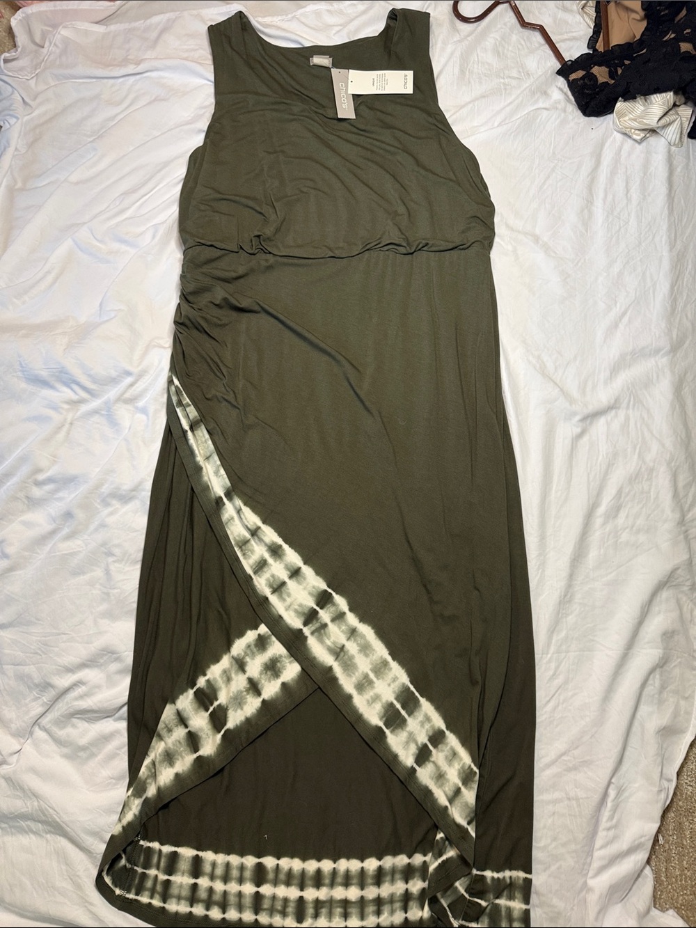Chico's Olive Green Maxi Skirt with White Tie-Dye Trim
